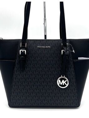 Michael Kors Charlotte Black Logo Tote with Silver MK Charm